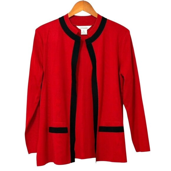 Exclusively Misook Open Jacket Red Black Trim Faux Pockets Shoulder Pads Size L - Picture 1 of 10